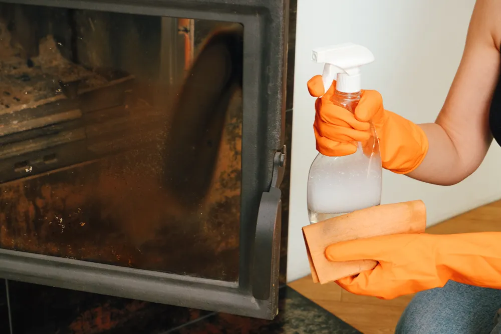 Cleaning the fireplace Womens hands in orange rubber gloves wash the heatresistant glass of the fireplace Cropped photo