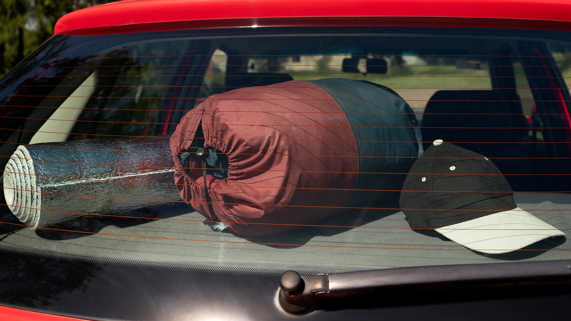 View of travel items inside car ready for trip